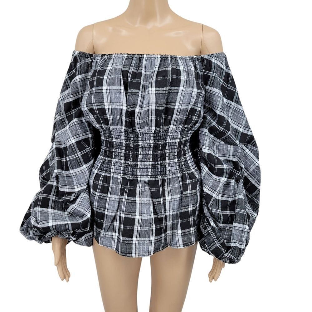Sugar Lips Black Plaid Off the Shoulder Top Smocked Bodice Statement Sleeves NEW